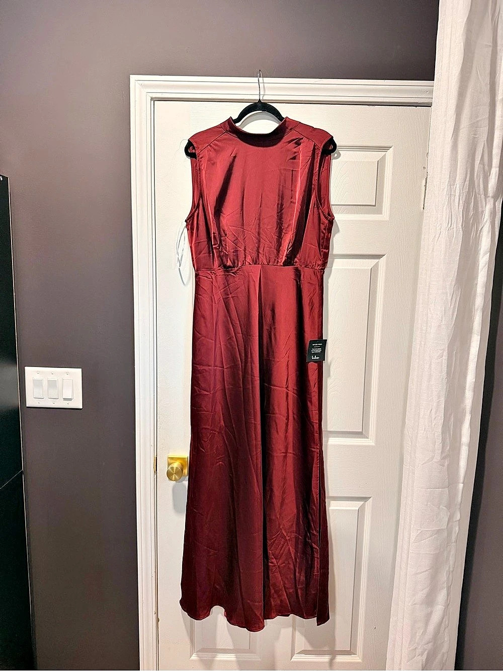 Lulus Classic Elegance Wine Satin Sleeveless Mock Neck Maxi Dress